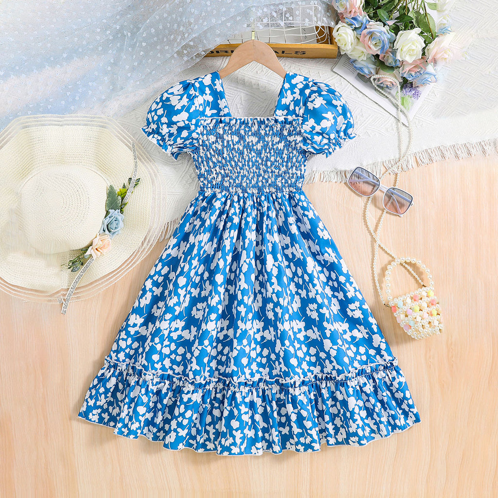 Girls Blue Floral Print Smocked Casual Midi Dress Casual Dresses Blue 3-4 Y