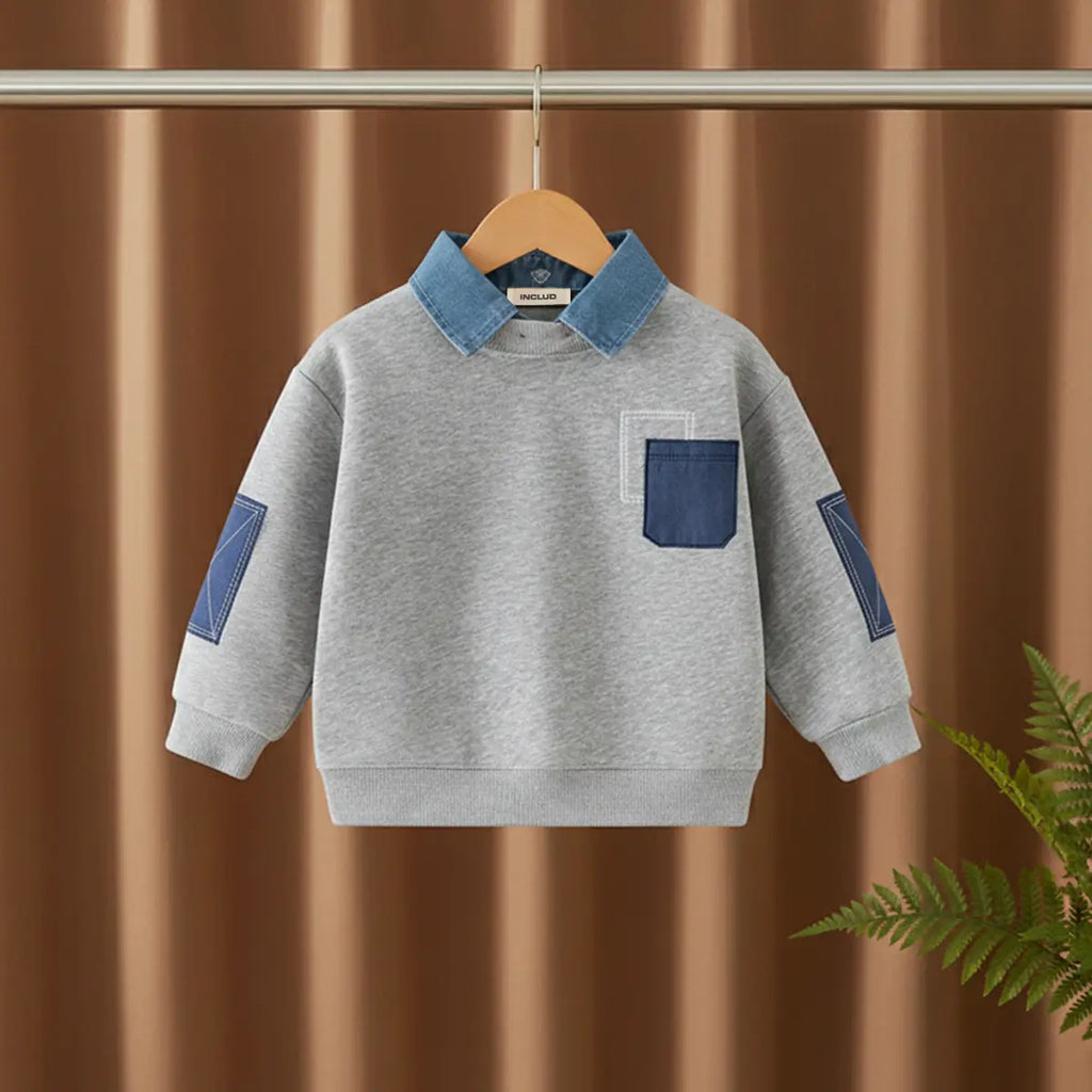 Boys Grey Solid Sweatshirt With Detachable Shirt Collar Sweatshirts & Hoodies Grey 1-2 Y