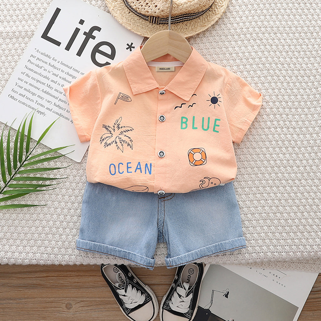 Boys Orange Blue Ocean Print Short Sleeve Shirt With Denim Shorts Set 2 pc. Sets Orange 1-2 Y