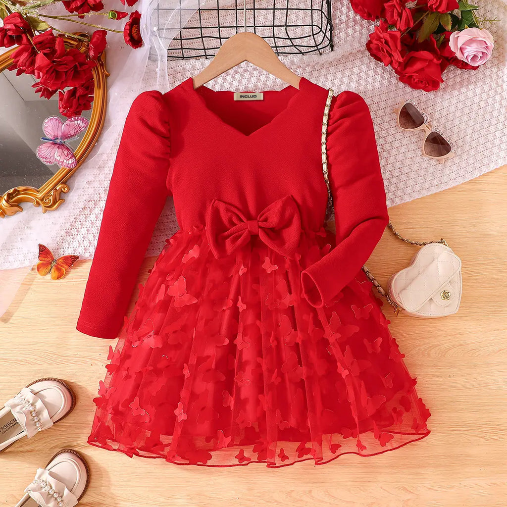 Girls Red Butterfly Applique Tulle Overlay Fit & Flare Dress Casual Dresses Red 3-4 Y