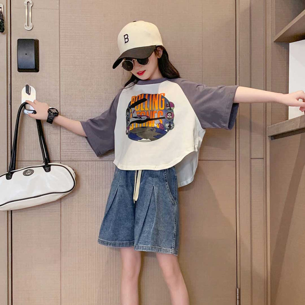 Girls Graphic Print T-Shirt With Denim Shorts Set Sets White 6-7 Y 