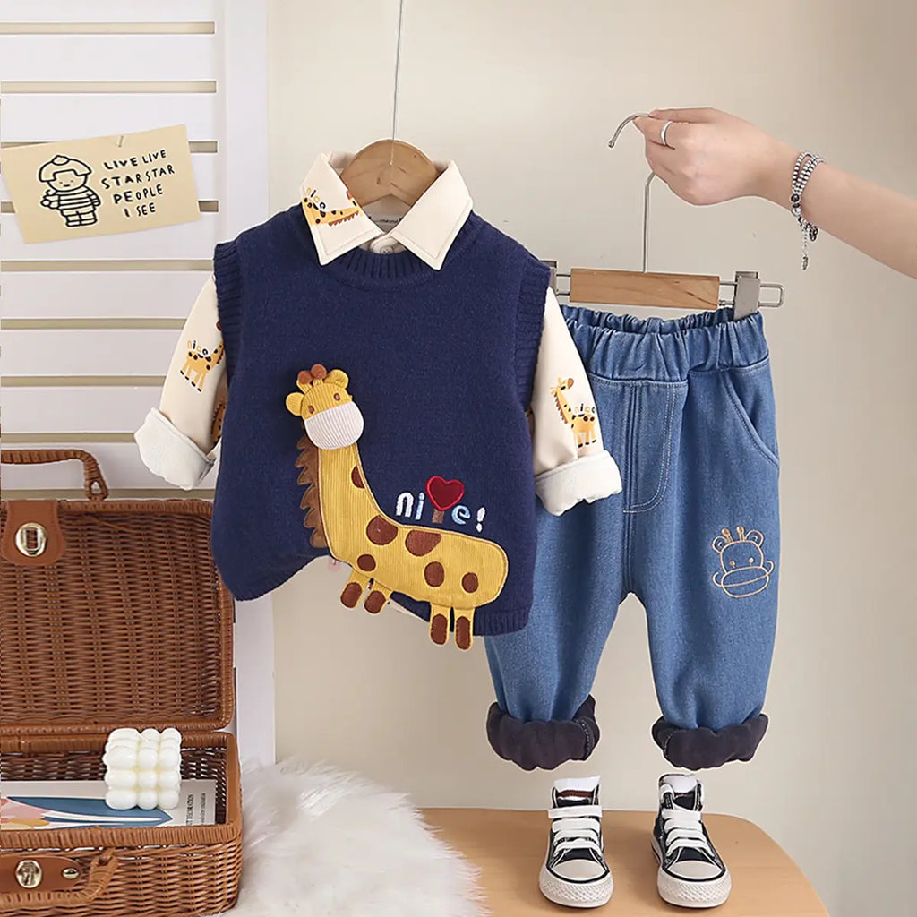 Boys Navy Blue Giraffe Patch Embroidered Sweater Vest With Shirt & Denim Jogger Sets Sets Navy Blue 1-2 Y