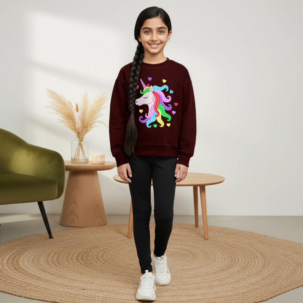 Girls Maroon Unicorn Heart Graphics Round Neck Sweatshirt Sweatshirts & Hoodies Maroon 1-2 Y