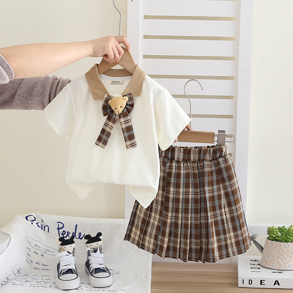Girls Polo T-Shirt With Dark Brown Neck Tie And Skirt Set 3 pc. Sets Dark Brown 1-2 Y