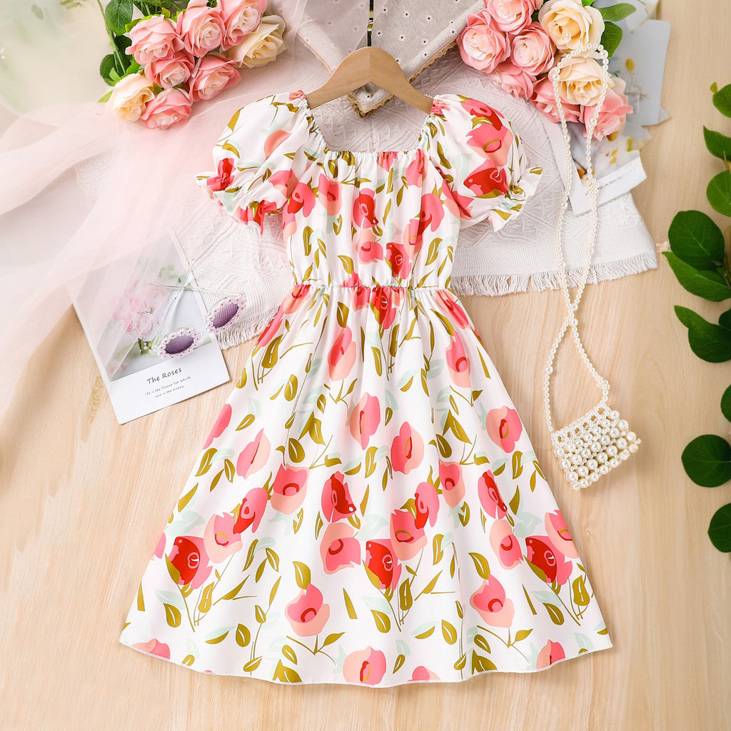Girls White Floral Printed Puff Sleeves Fit And Flared Summer Casual Dress Casual Dresses White 3-4 Y