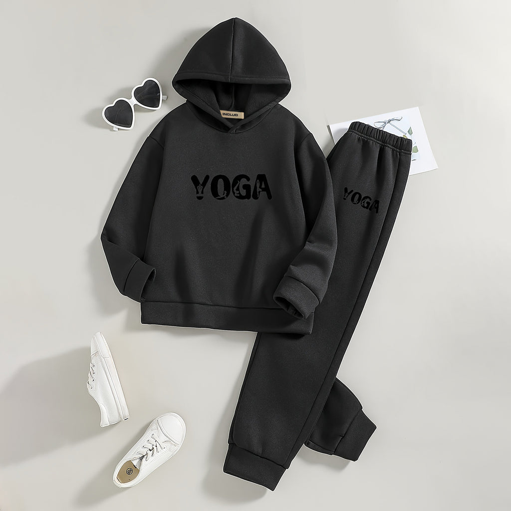 Boys Black Yoga Printed Hooded Sweatshirt with Joggers Set Sets Black 5-6 Y