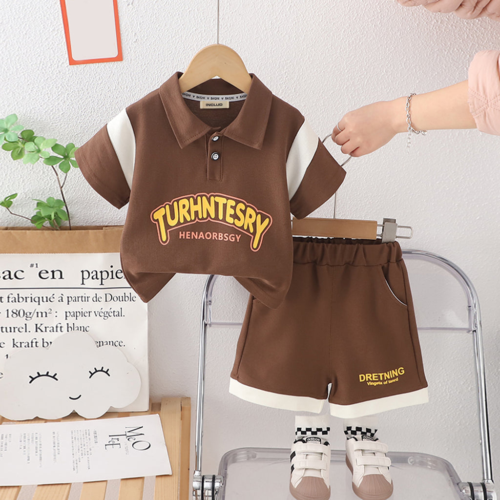 Boys Brown Alphabetic Print Short Sleeves Polo T-Shirt With Shorts Set 2 pc. Sets