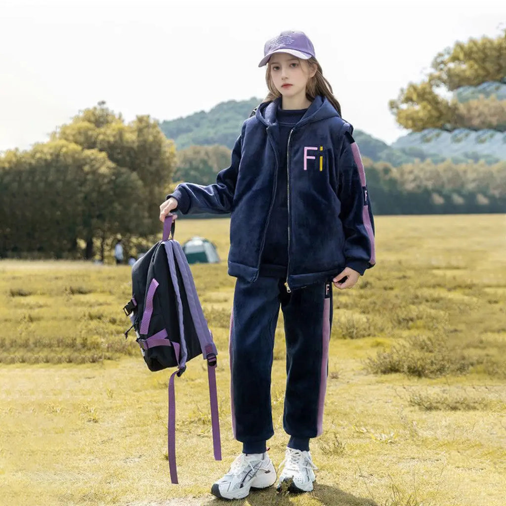 Girls Navy Blue Fi Letters Printed Sweatshirt With Hooded Vest & Jogger Co-ord Sets Sets Navy Blue 5-6 Y