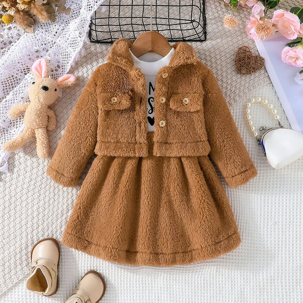 Girls Brown Typographic Printed Fit & Flare Dress With Fluffy Jacket Casual Dresses Brown 1-2 Y