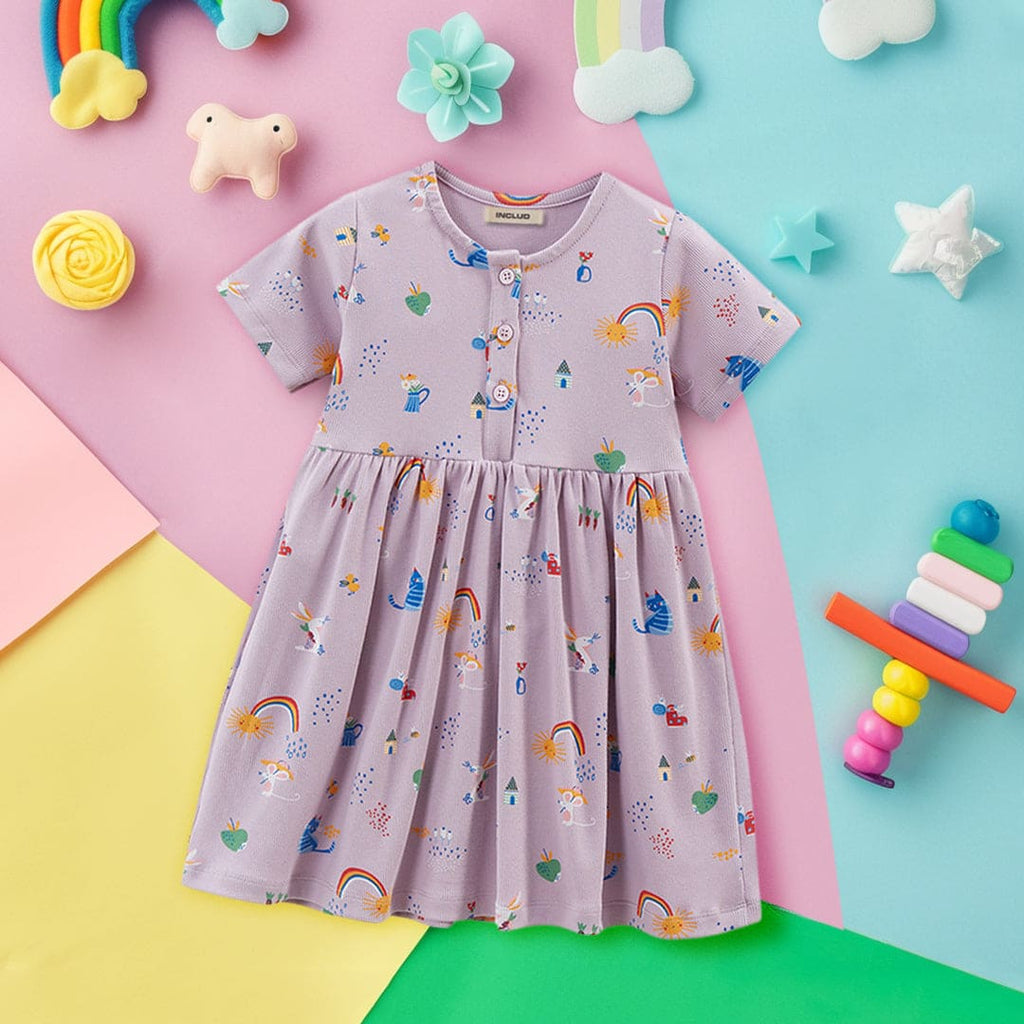 Girls Short Sleeve Cartoon Graphic Flared Dress Casual Dresses Purple 1-2 Y 