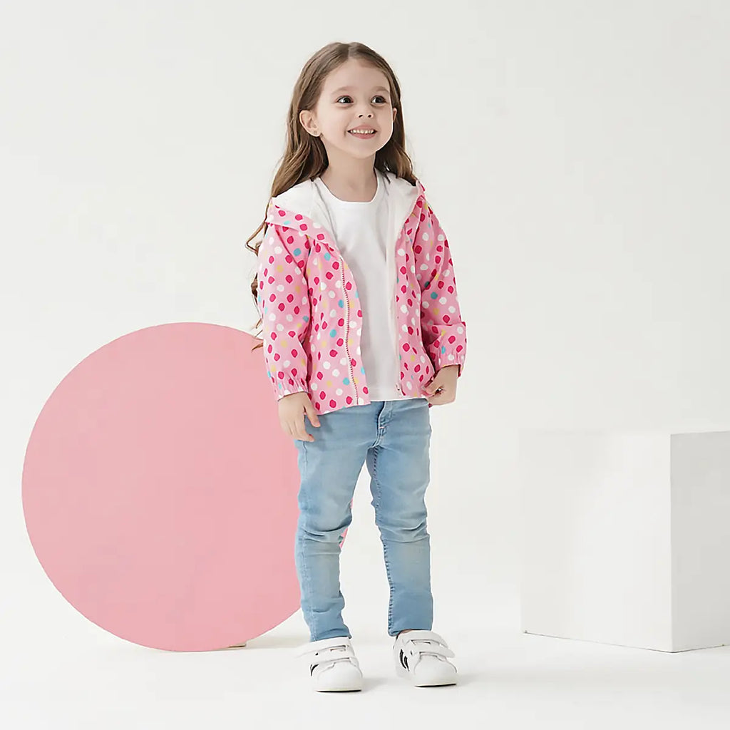 Girls Pink Polka Dot Print Hooded Zipper Jacket Coats & Jackets Pink 2-3 Y