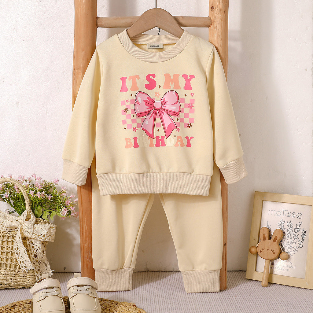 Girls Apricot Bow Printed Sweatshirt With Jogger Winter Co-ord Sets 2 pc. Sets Apricot 1-2 Y