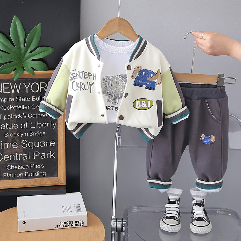 Boys Off-White Varsity Jacket with T-shirt & Dark Grey Joggers Set Sets Off White 1-2 Y