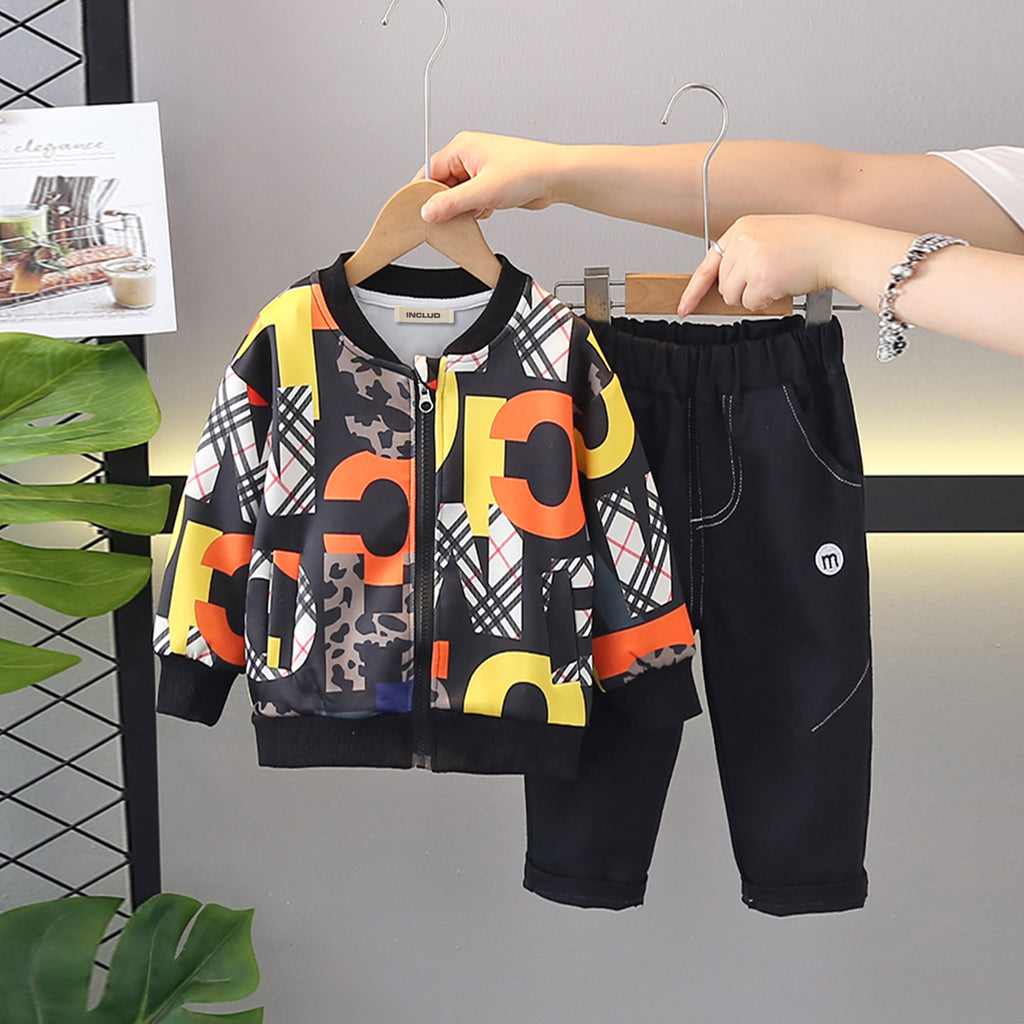 Boys Black Printed varsity Jacket With Denim Pants Set 2 pc. Sets Black 1-2 Y