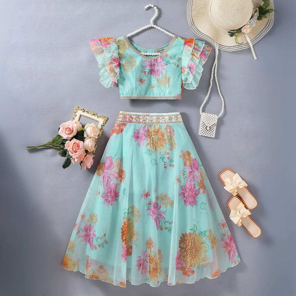 Girls Green Floral Print Short Sleeve Top With Long Skirt Sets 2 pc. Sets Green 8-9 Y
