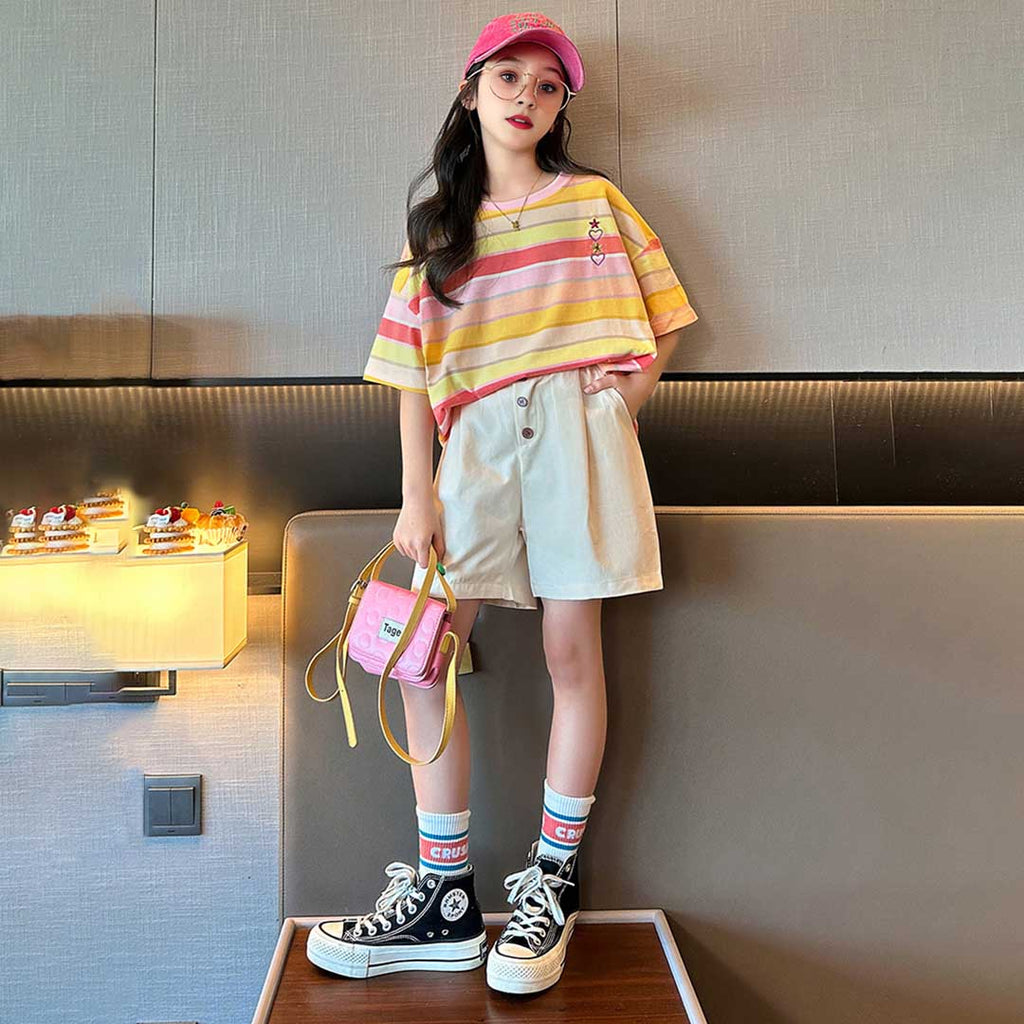 Girls Striped Short Sleeve T-Shirt With Shorts Set 2 pc. Sets Apricot 5-6 Y 