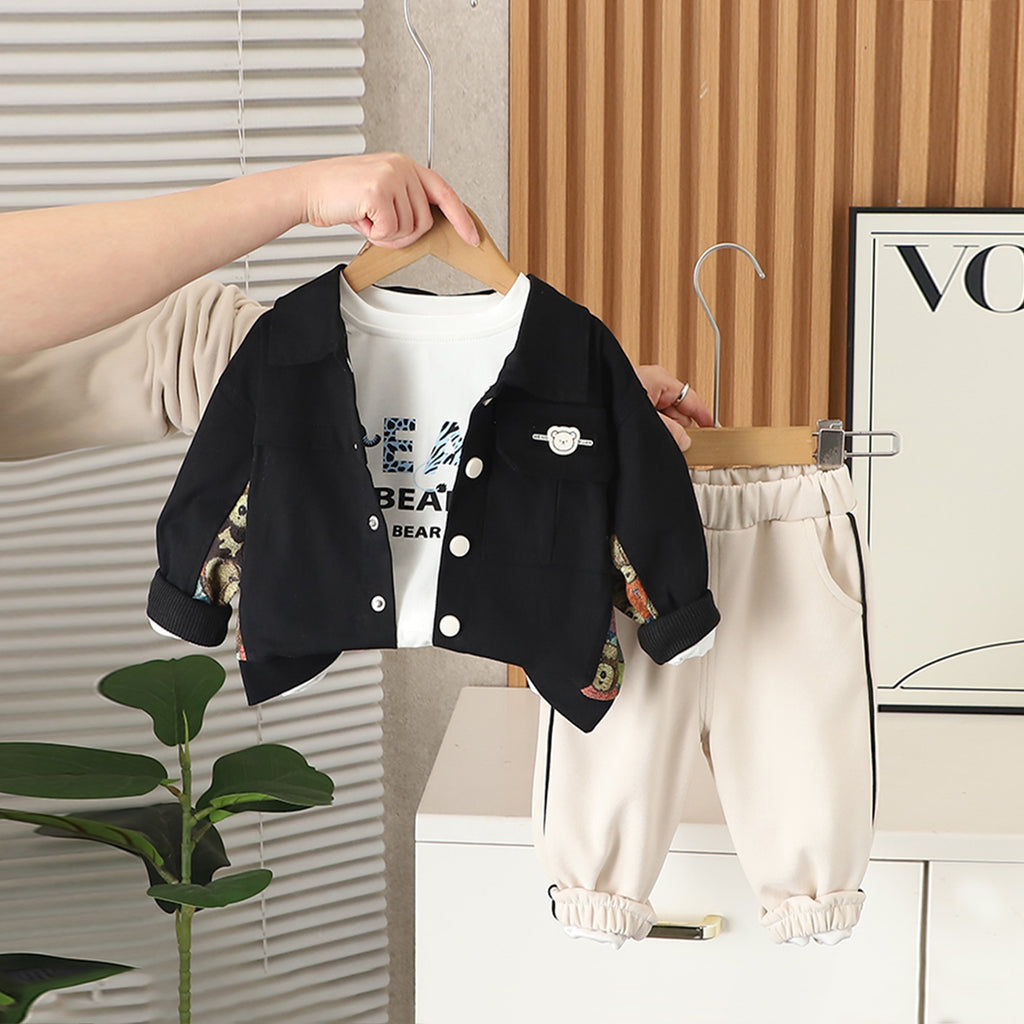 Boys Black Solid Shacket With T-Shirt & Joggers Set Sets Black 1-2 Y