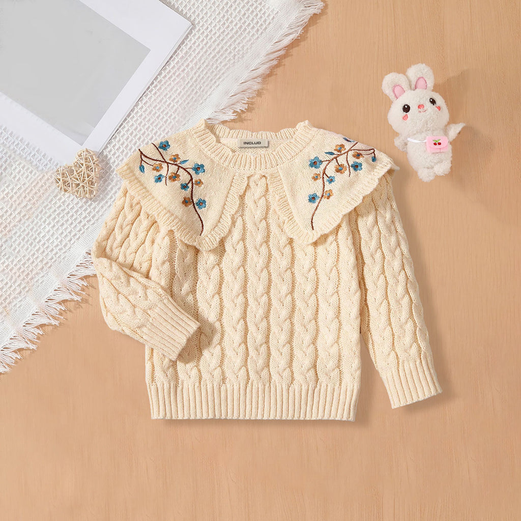 Girls Cream Floral Embroidered Cable Knit Pullover Sweaters & Cardigans Cream 3-4 Y