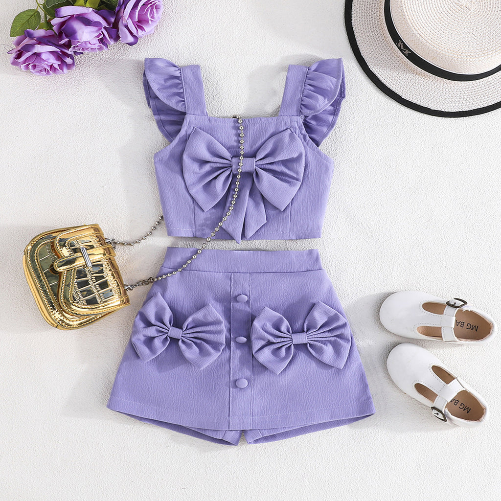 Girls Purple Sleeveless Top With Big Bow And Shorts Sets 2 pc. Sets Purple 3-4 Y