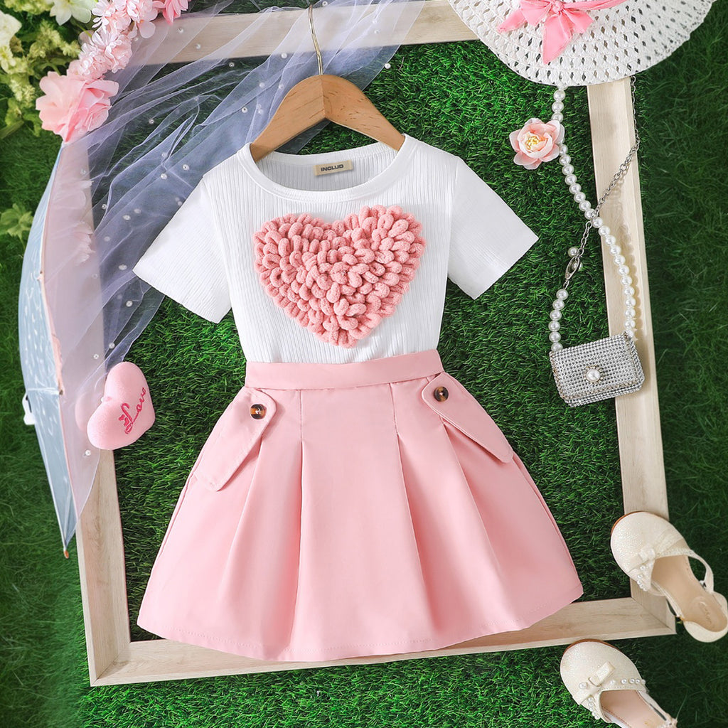 Girls Heart Appliqued Short Sleeves Round Neck Top With Pink Pleated Skirt Set 2 pc. Sets Pink 3-4 Y