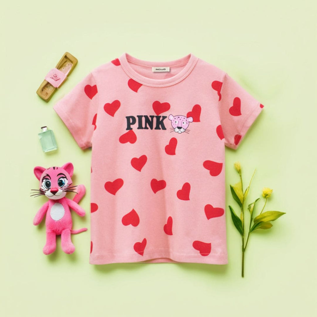 Girls Heart Print Short Sleeves T-shirt Tshirts Pink 1-2 Y 