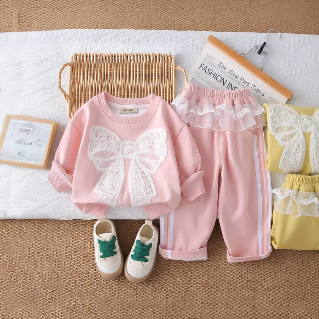 Girls Pink Bow Applique Sweatshirt With Pant Sets Sets Pink 1-2 Y