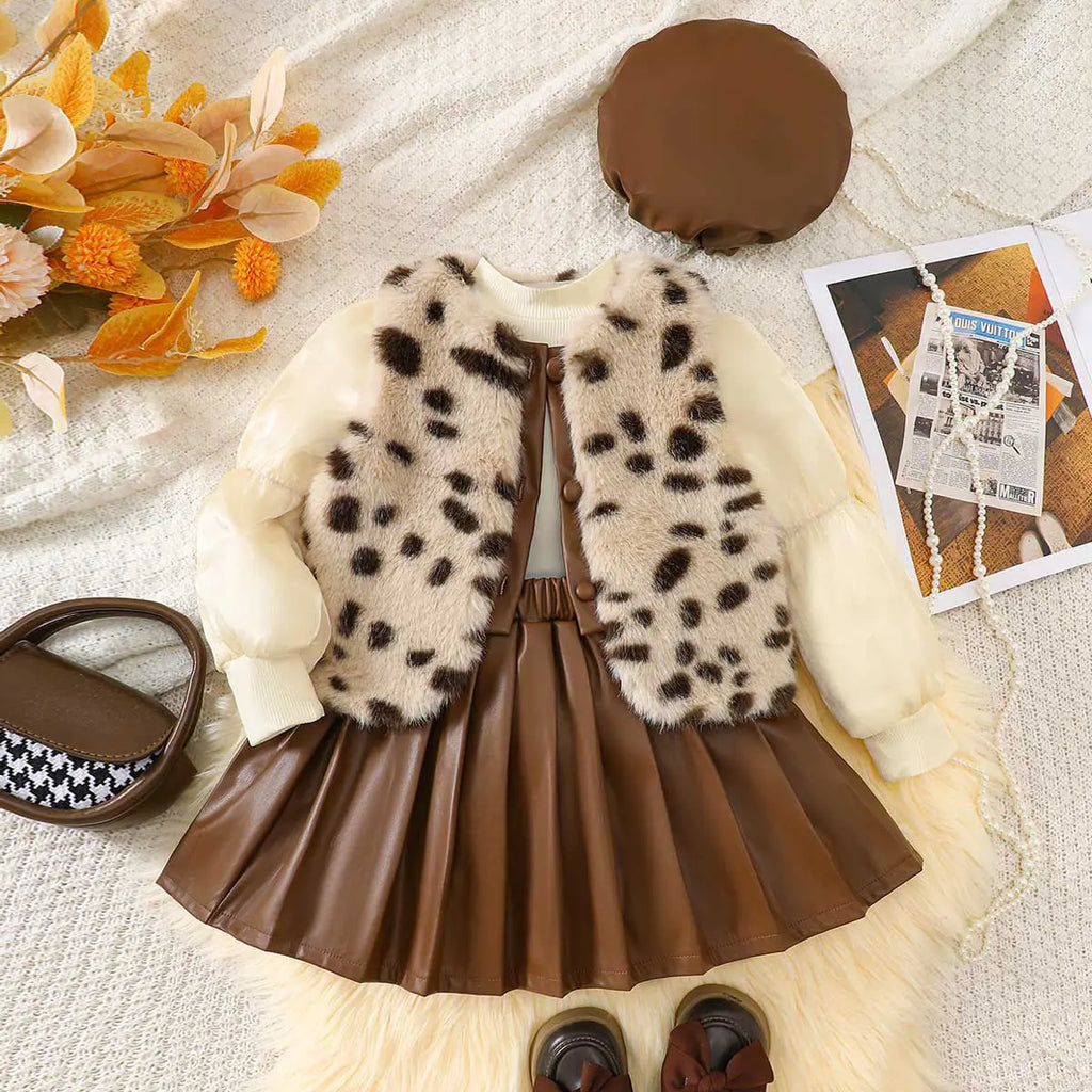Girls Long Sleeve T-Shirt With Fleece Vest & Brown Faux Leather Skirt & Hat Sets Sets Brown 2-3 Y