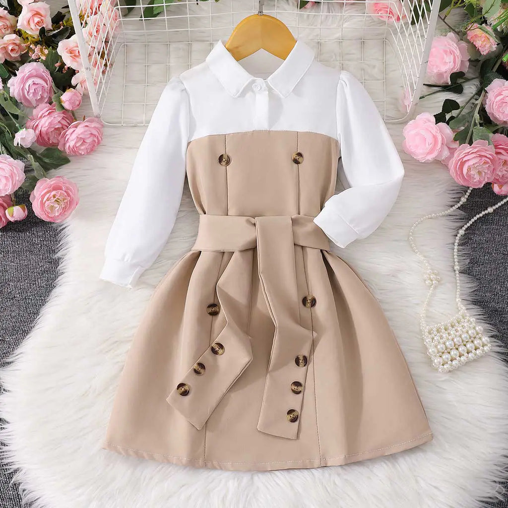 Girls Beige Solid Long Sleeves Shirt Dress Casual Dresses Beige 3-4 Y