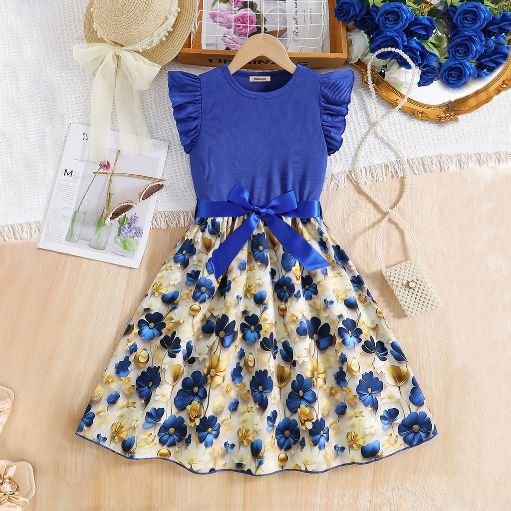 Girls Blue Floral Printed Flutter Sleeves Fit And Flared Midi Dress Casual Dresses Blue 3-4 Y