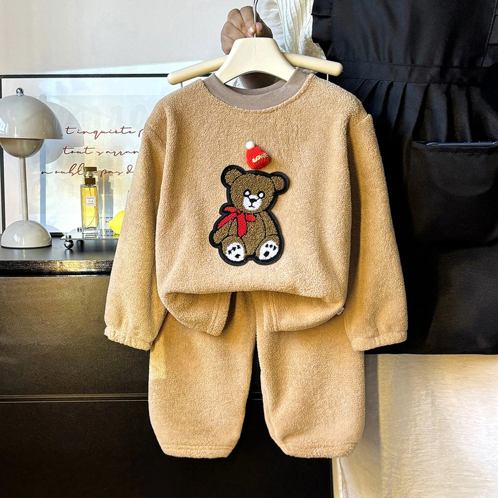 Girls Beige Fleece Teddy Bear Applique Top With Pants Sets Sets Beige 1-2 Y