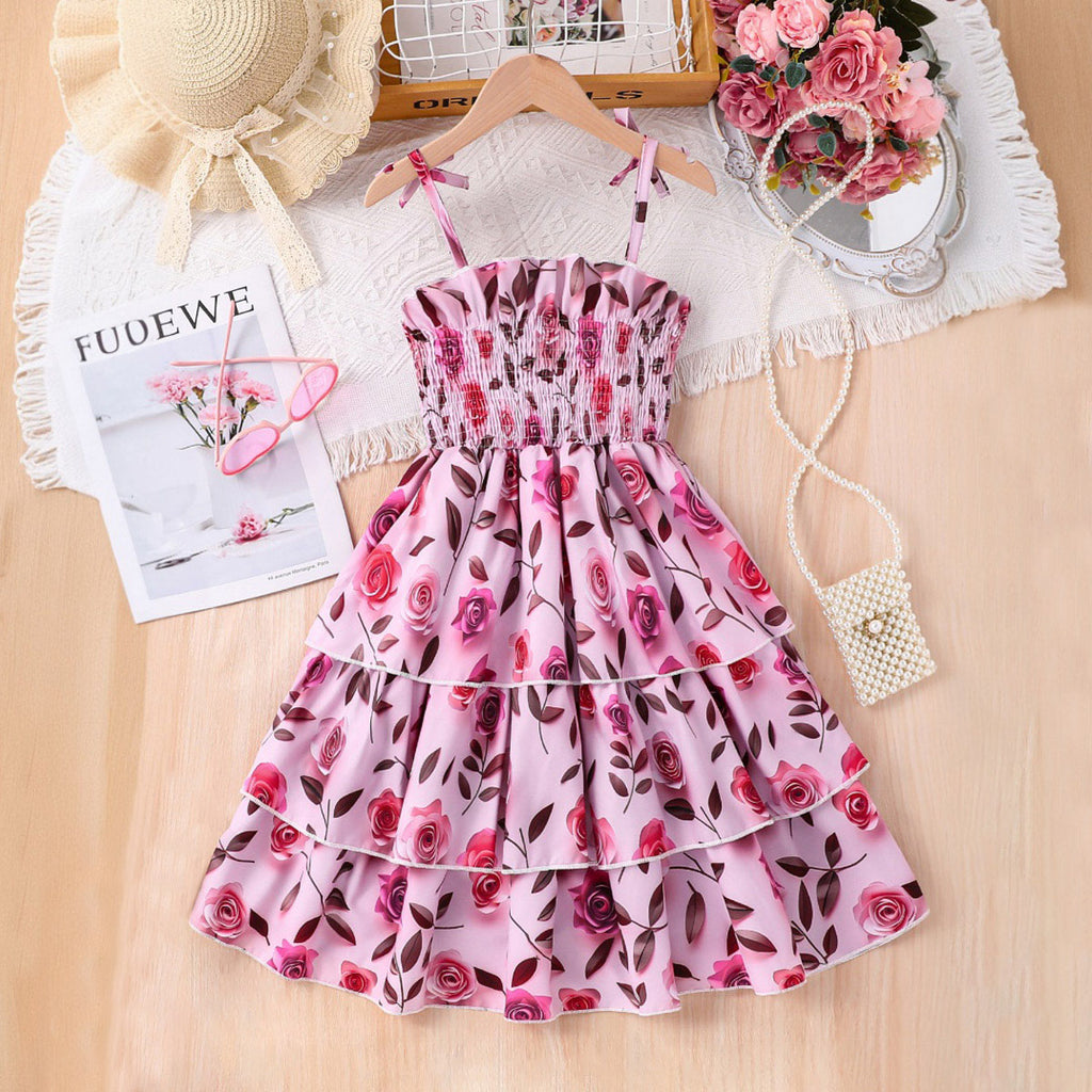 Girls Pink Floral Rose Printed Sleeveless Smocked Fit And Flared Dress Casual Dresses