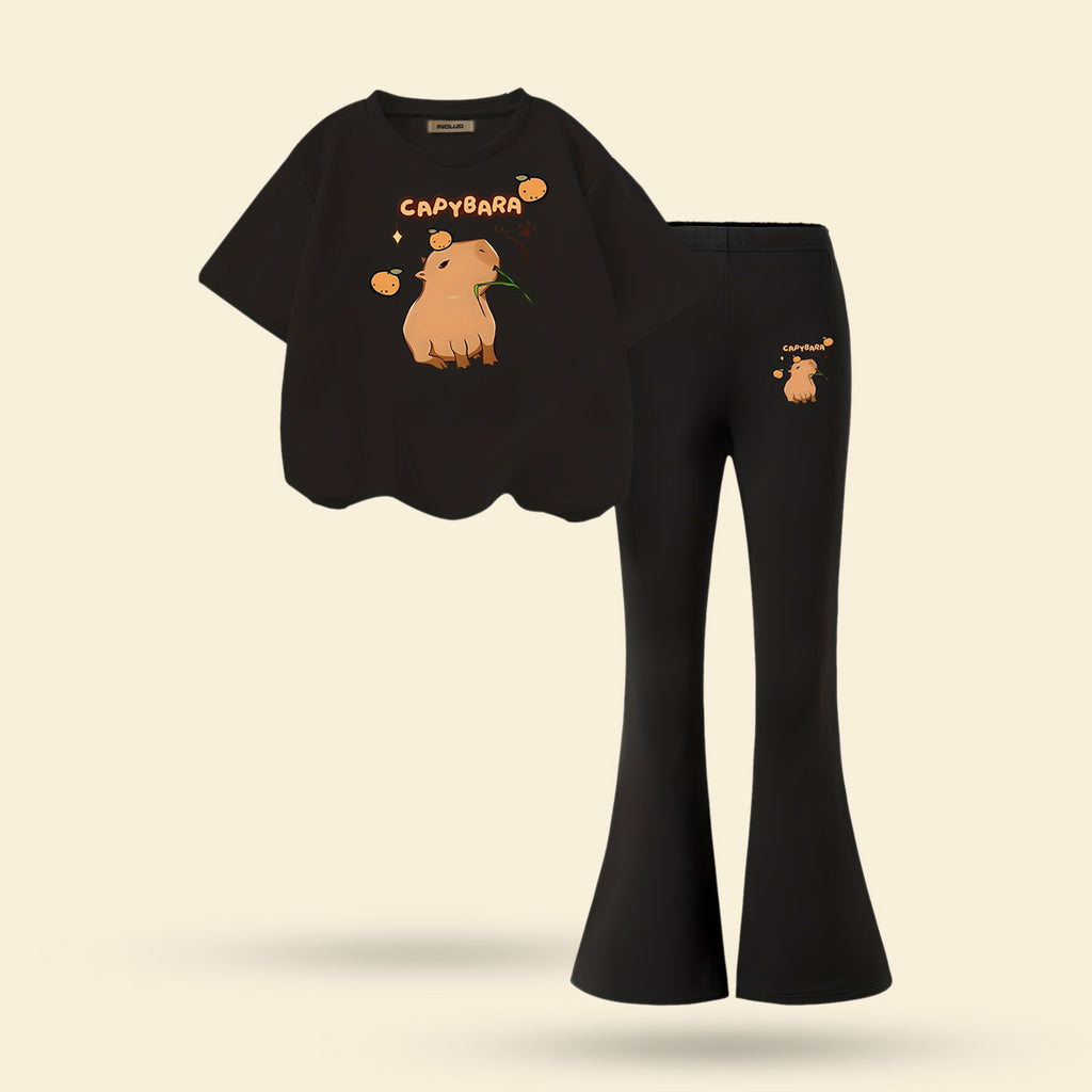 Girls Black Cartoon Graphic Short Sleeve Top With Bell Bottom Pants Set 2 pc. Sets Black 7-8 Y