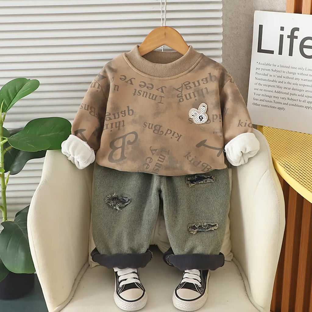 Boys Khaki Typographic Regular Sweatshirt With Denim Trousers Sets 2 pc. Sets Khaki 1-2 Y