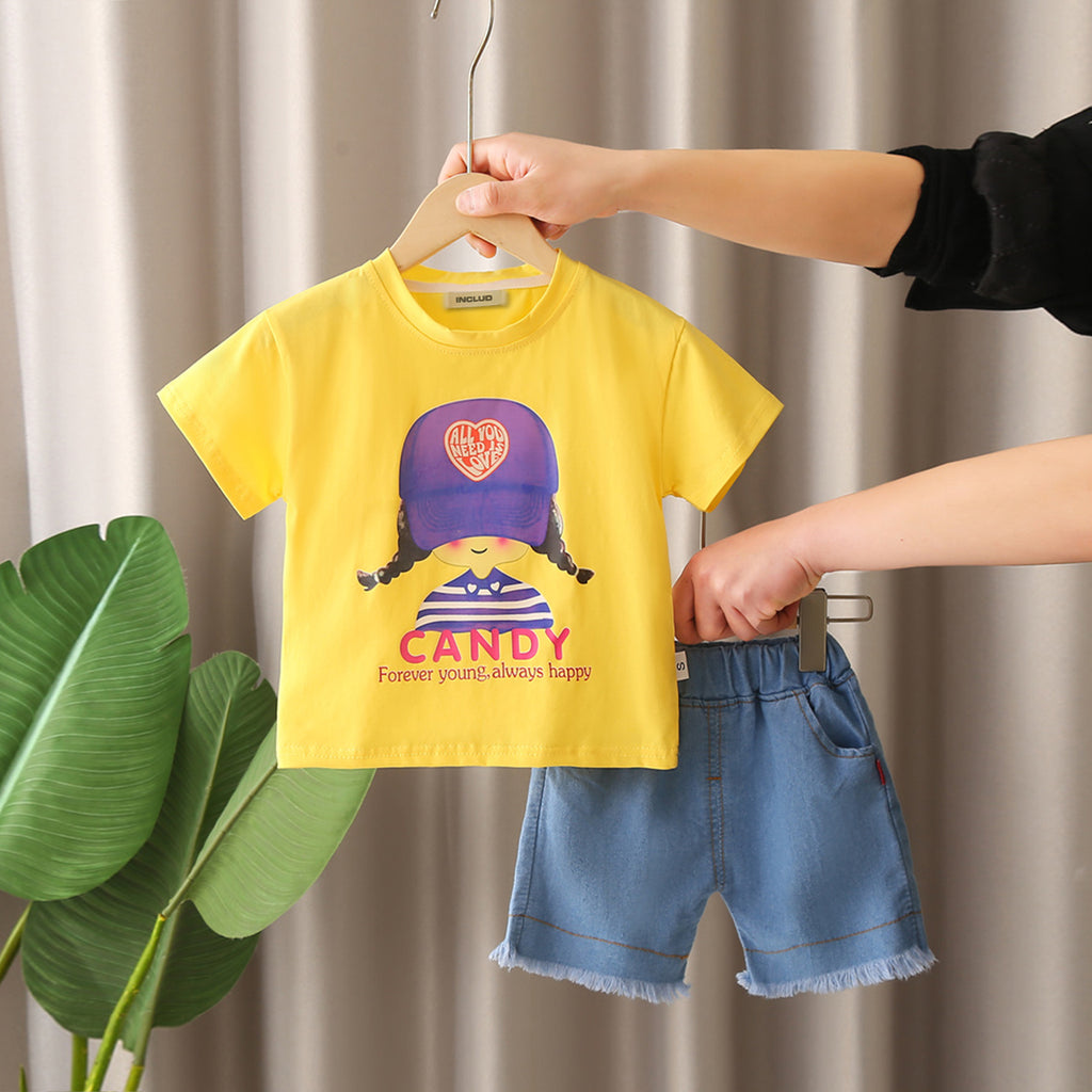 Girls Yellow Graphic Short Sleeves T-Shirt With Denim Shorts Set 2 pc. Sets Yellow 1-2 Y