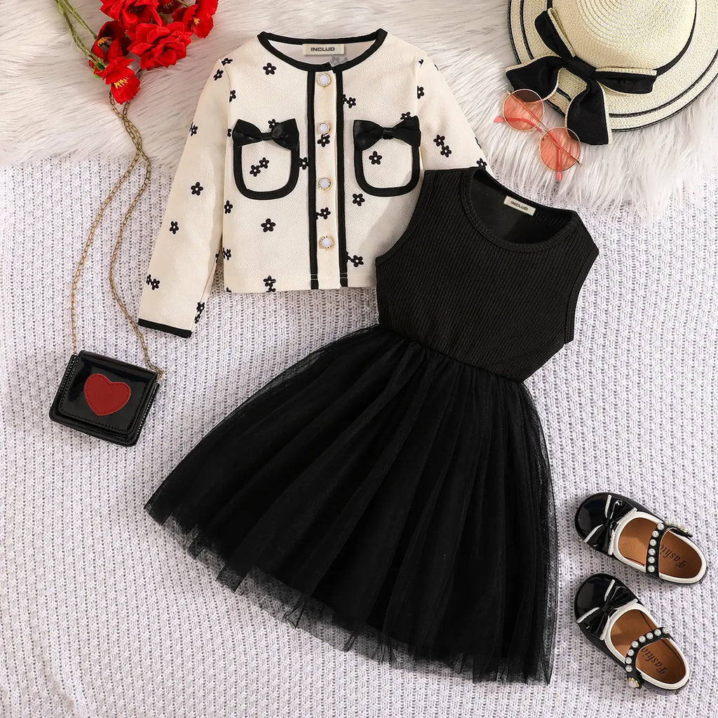 Girls Elegant Black Dress With White Floral Bow Cardigan Sets Casual Dresses Black 3-4 Y