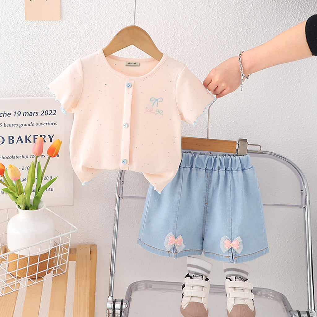 Girls Light Pink Short Sleeves Round Neck Top With Denim Shorts Set 2 pc. Sets Light Pink 1-2 Y