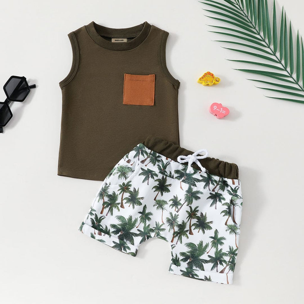 Boys Sleeveless Vest With Printed Shorts Set Sets Olive 1-2 Y 