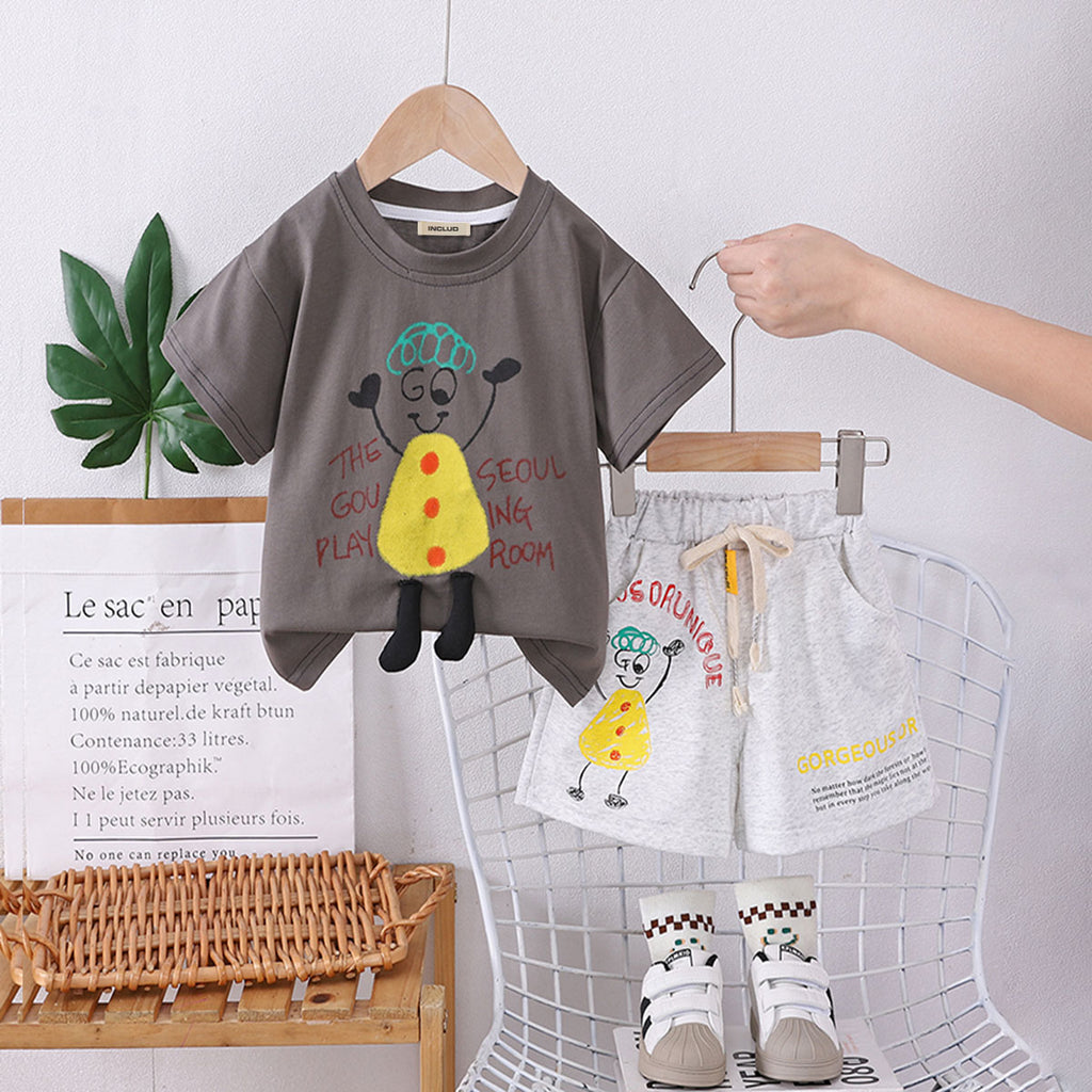 Boys Grey Pencil Art Print T-shirt With Shorts Set Sets Grey 1-2 Y