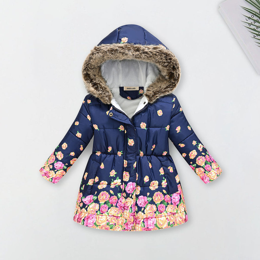Girls Navy Blue Rose Printed Hooded Puffer Jacket Coats & Jackets Navy Blue 3-4 Y