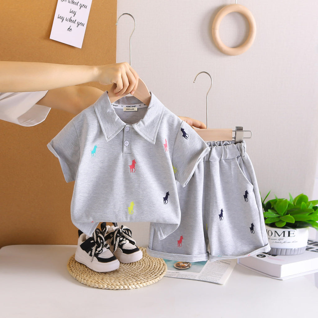 Boys Grey Horse Printed Polo T-Shirt With Shorts Set 2 pc. Sets Grey 1-2 Y