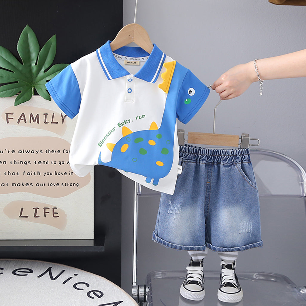 Boys Blue Dinosaur Printed Polo T-Shirt With Denim Shorts Set 2 pc. Sets Blue 1-2 Y