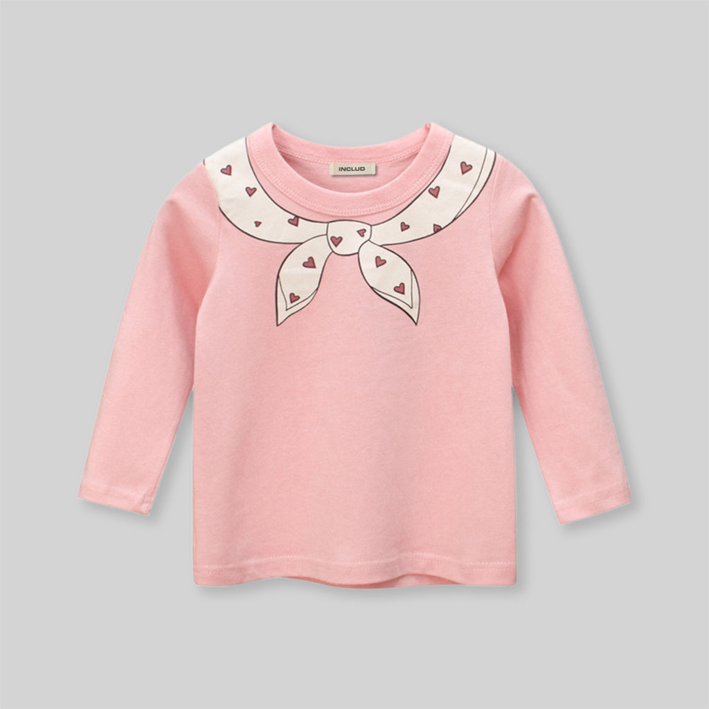 Girls Neck Bow Tie Print Long Sleeves T-Shirt Tshirts Pink 1-2 Y 