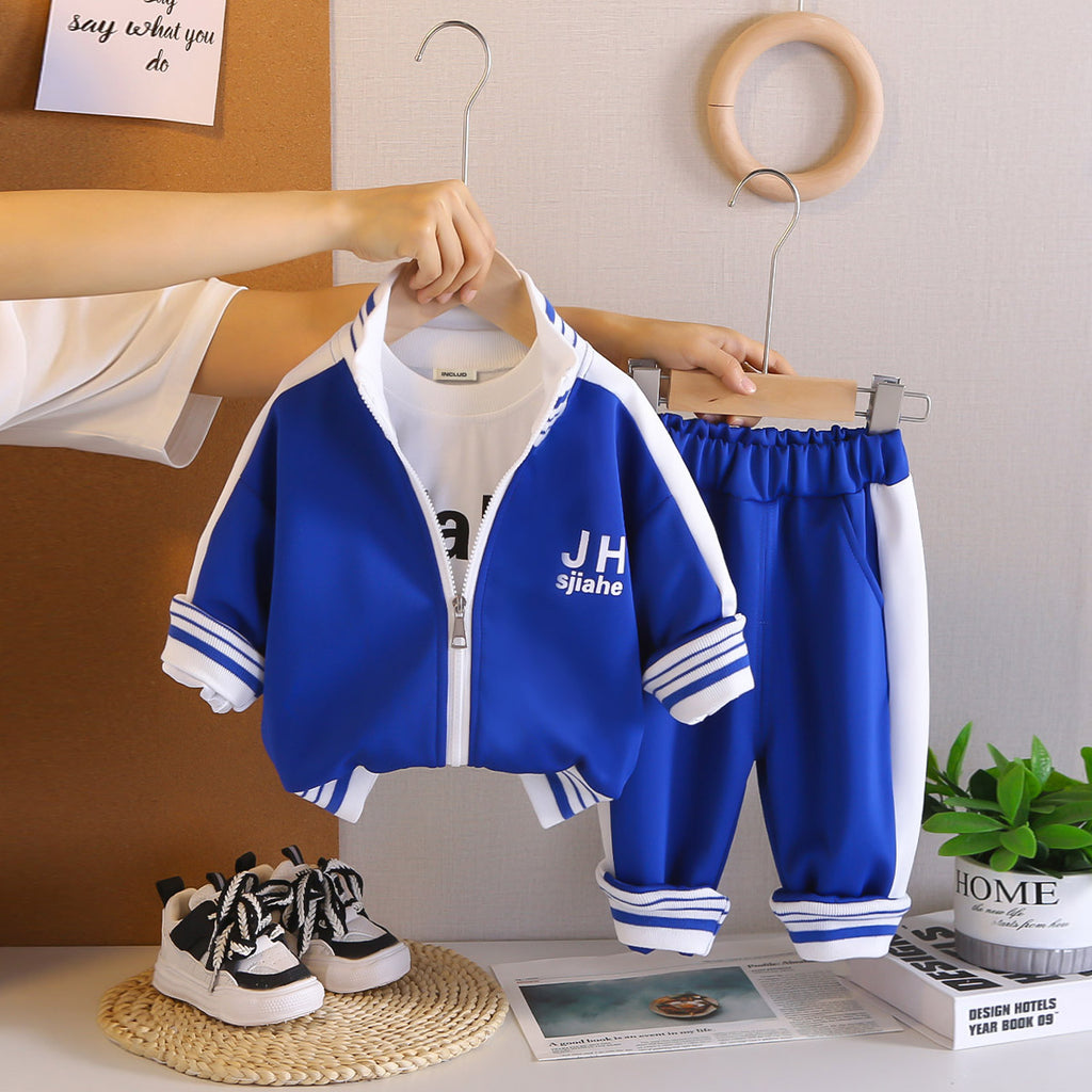 Boys Blue Typographic Printed Zipper Jacket With T-Shirt & Joggers Set Sets Blue 1-2 Y