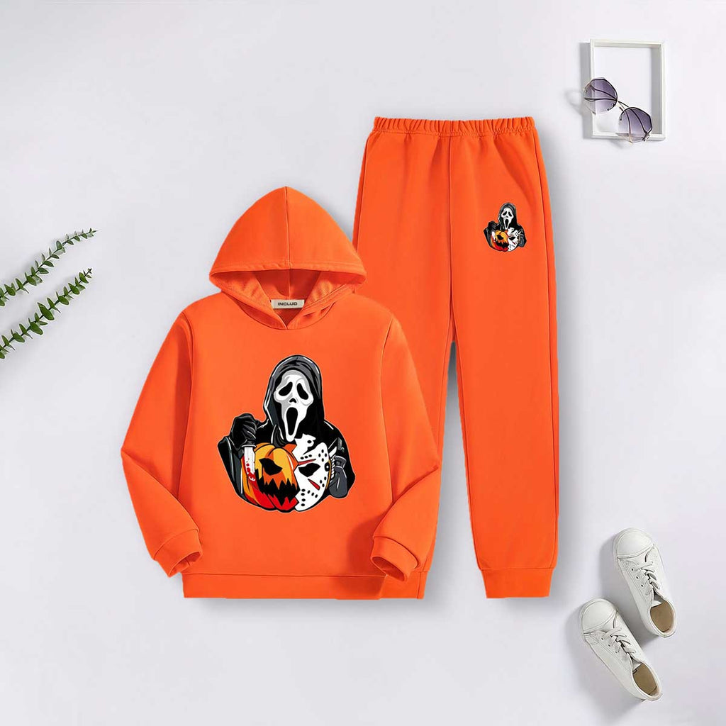 Boys Orange Halloween-Themed Printed Hooded Sweatshirt With Jogger Co-ord Sets 2 pc. Sets Orange 7-8 Y