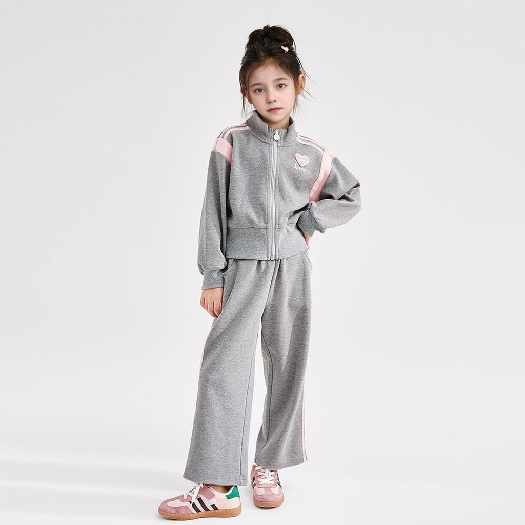 Girls Grey Heart Embroidered Front Zipper Jacket With Pants Winter Set 2 pc. Sets Grey 5-6 Y