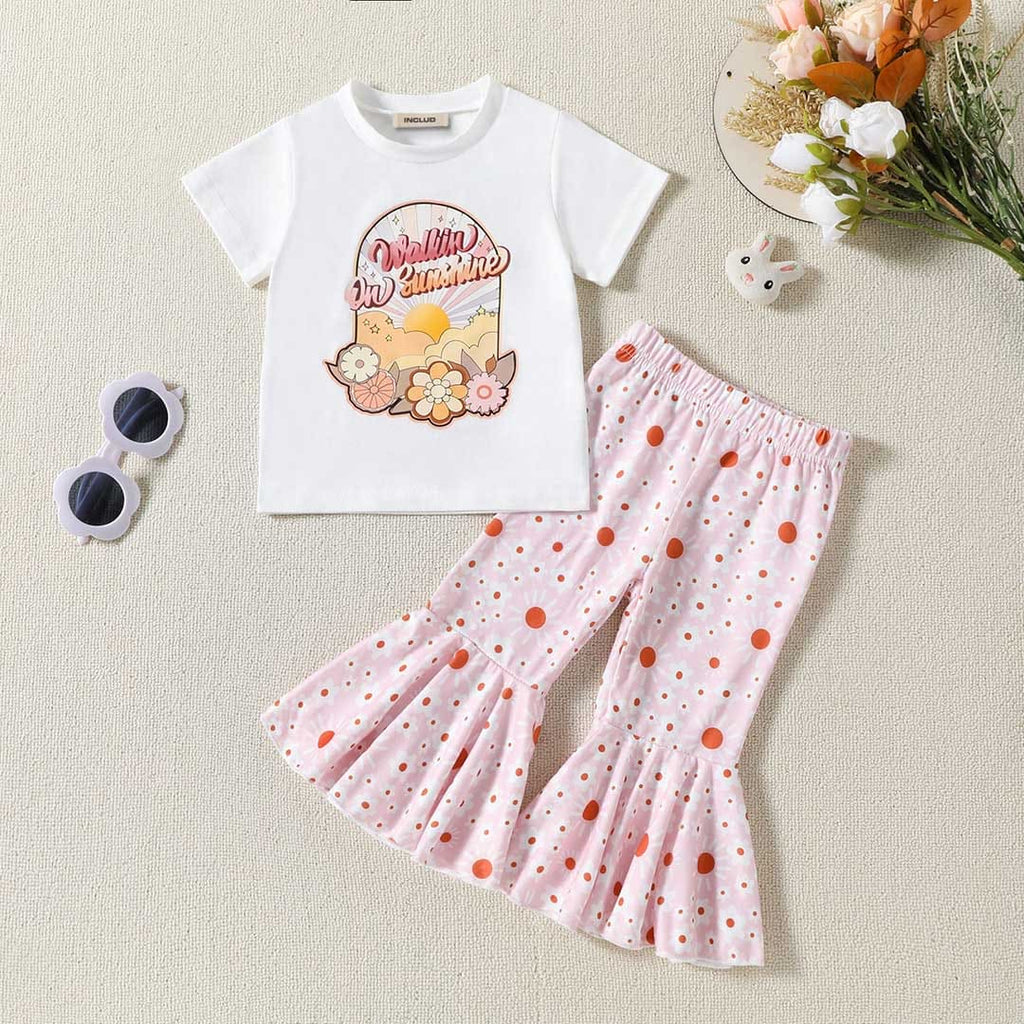 Girls Short Sleeve Floral Print T-Shirt With Printed Pants Set Sets White 1-2 Y 