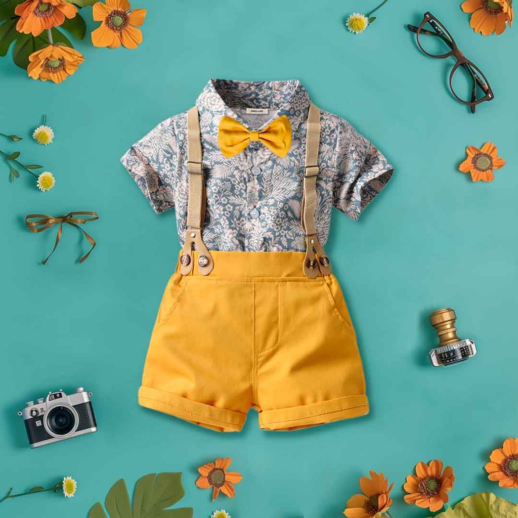 Boys Floral Print Shirt with Bow & Suspender Shorts Set 2 pc. Sets Yellow 1-2 Y 