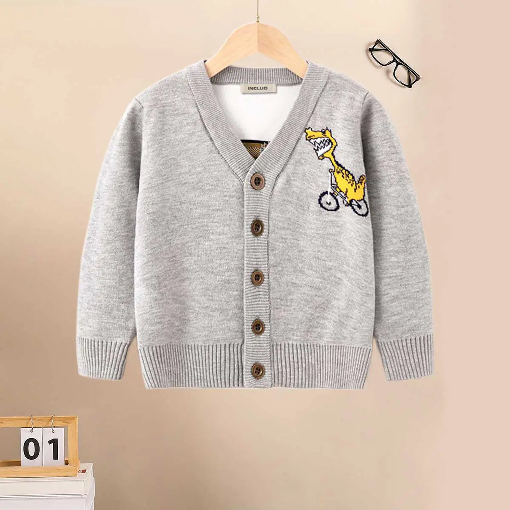 Girls Grey Cardigan With Self-Design Dinosaur Patterns Sweaters & Cardigans Grey 2-3 Y
