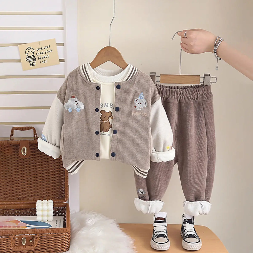 Boys Light Brown Car Embroidered Varsity Jacket With T-Shirt & Jogger Sets Sets Light Brown 1-2 Y