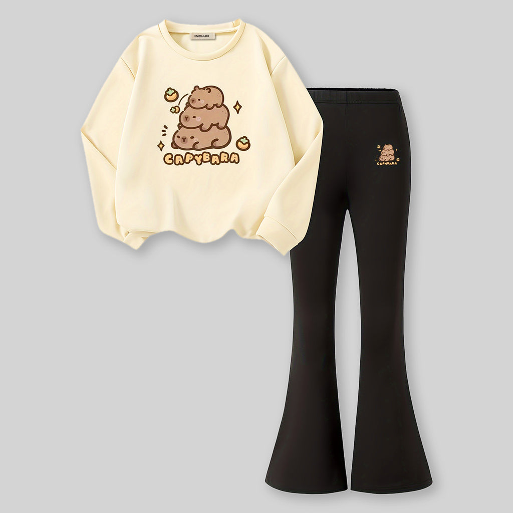 Girls Apricot Cartoon Characters Printed Sweatshirt With Flared Pants Sets 2 pc. Sets Apricot 7-8 Y
